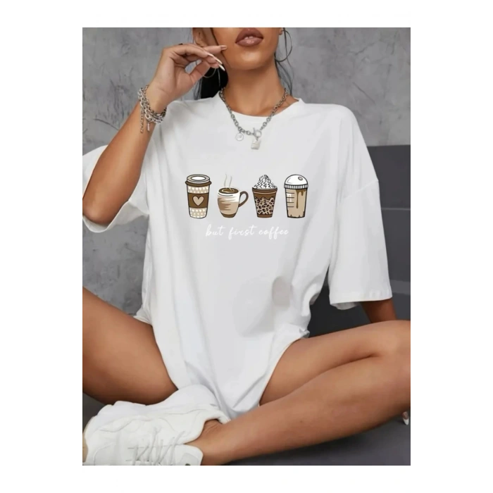 Baskılı Oversize Bisiklet Yaka T-shirt - Beyaz