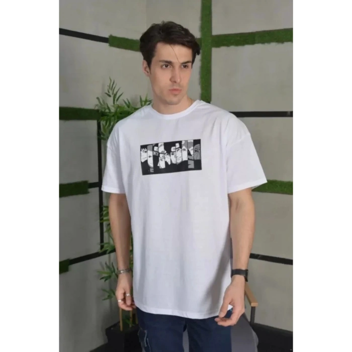 Unisex Bisiklet Yaka Baskılı Oversize T-Shirt - Beyaz