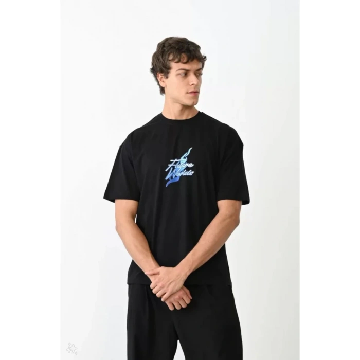 Unisex Bisiklet Yaka Baskılı Oversize T-Shirt - Siyah