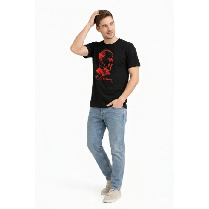 Erkek Atatürk Baskılı Tişört Kısa Kollu Bisiklet Yaka T-Shirt - Siyah