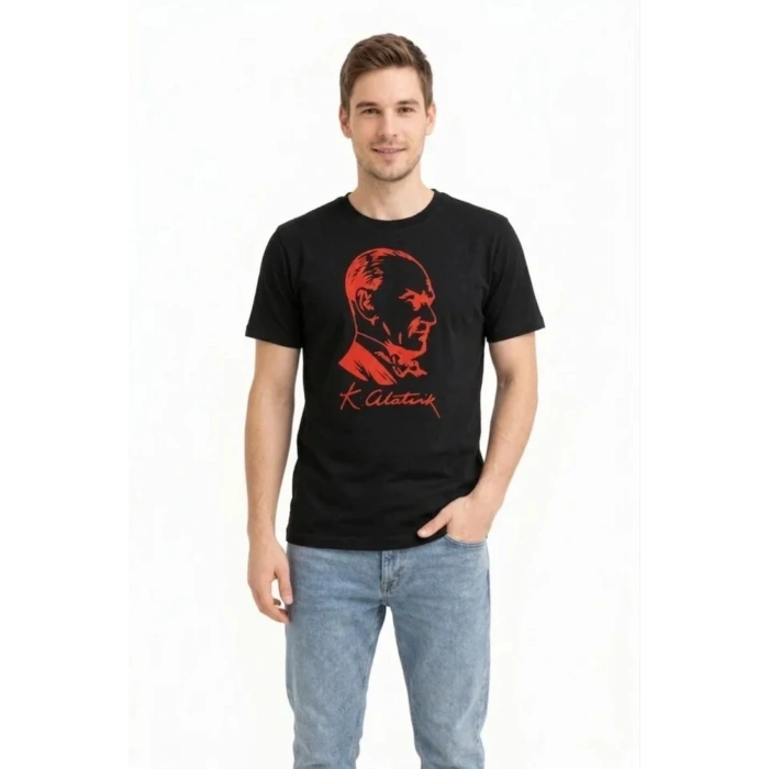 Erkek Atatürk Baskılı Tişört Kısa Kollu Bisiklet Yaka T-Shirt - Siyah