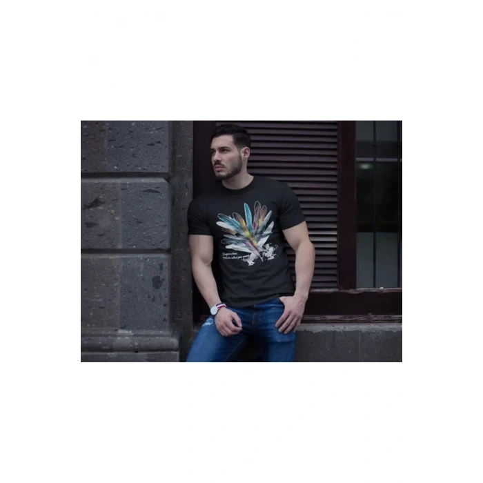 Unisex Bisiklet Yaka Baskılı Oversize T-Shirt - Siyah