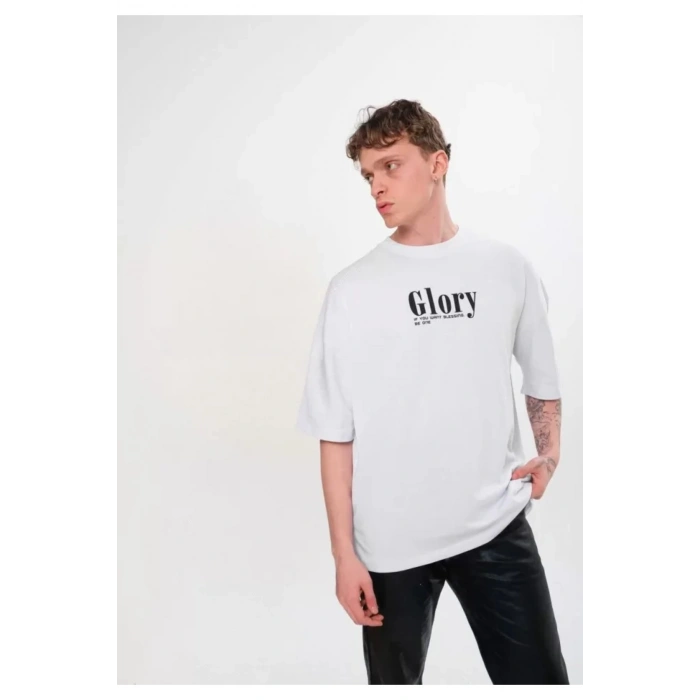 Unisex Bisiklet Yaka Baskılı Oversize T-Shirt - Siyah