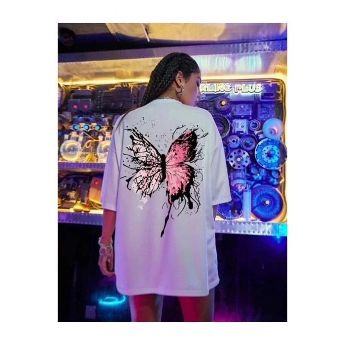 Unisex Baskılı Oversize T-Shirt - Beyaz