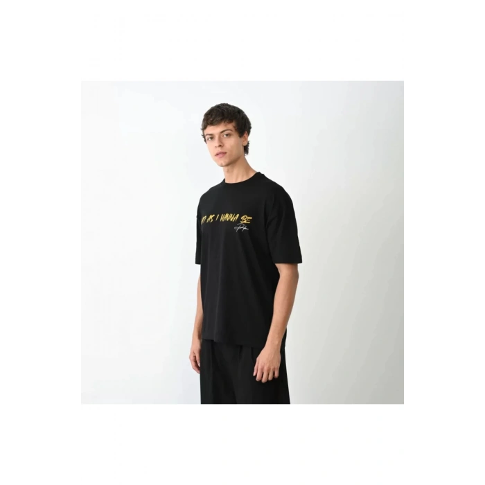 Unisex Bisiklet Yaka Baskılı Oversize T-Shirt - Siyah