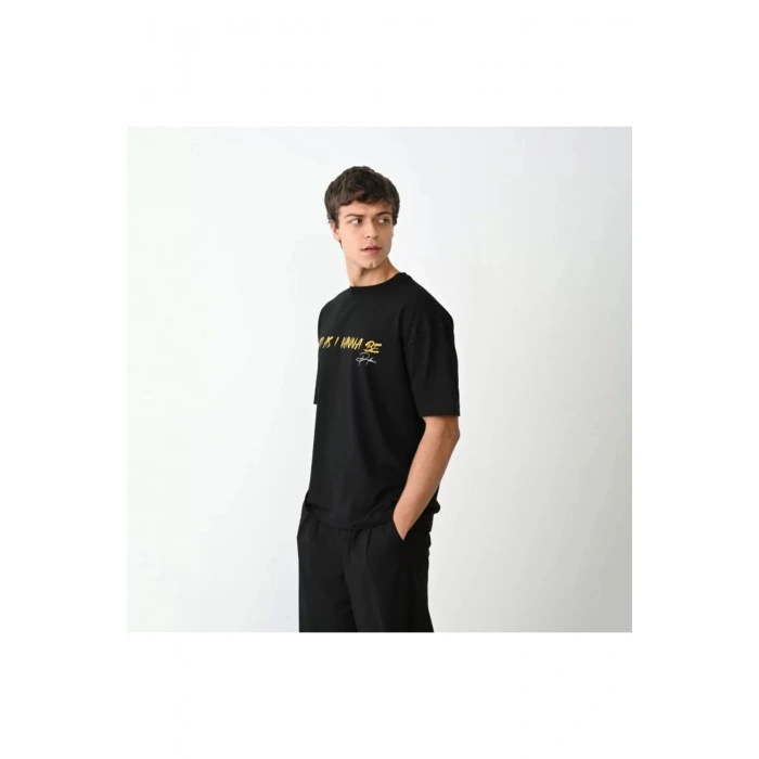 Unisex Bisiklet Yaka Baskılı Oversize T-Shirt - Siyah