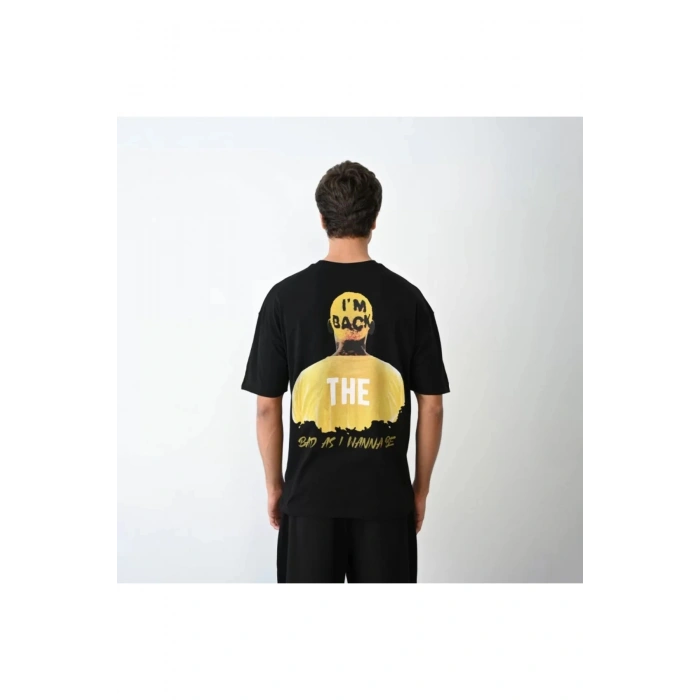 Unisex Bisiklet Yaka Baskılı Oversize T-Shirt - Siyah
