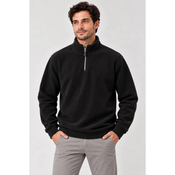 Erkek Polar Dik Yaka Yarım Fermuarlı Uzun Kollu Regular Fit Kışlık Sweatshirt - Siyah