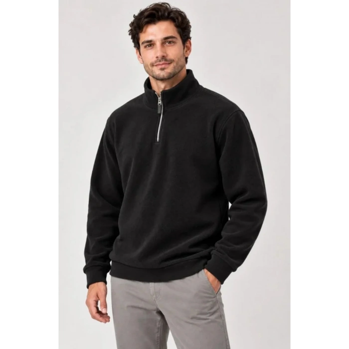 Erkek Polar Dik Yaka Yarım Fermuarlı Uzun Kollu Regular Fit Kışlık Sweatshirt - Siyah