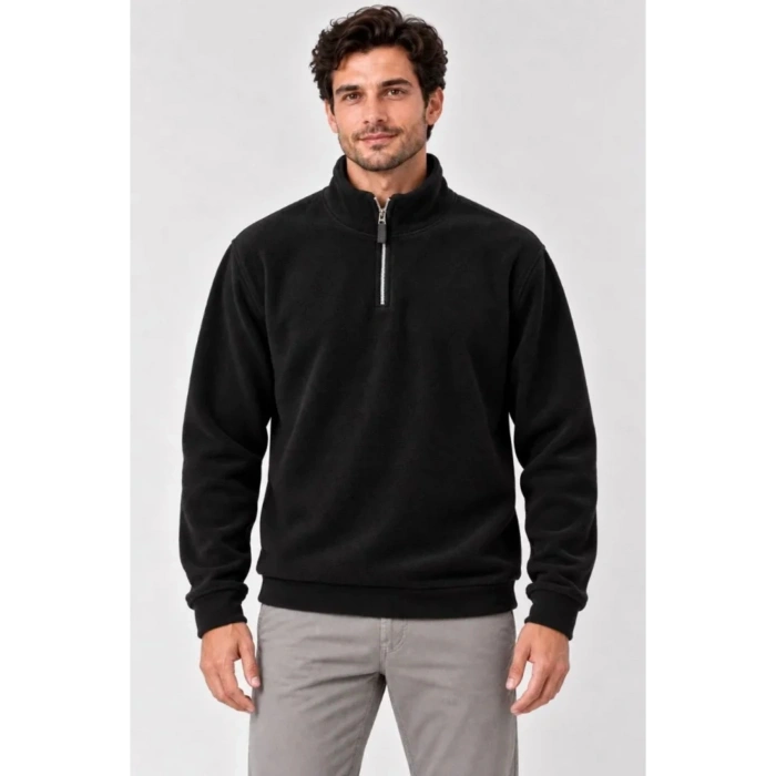 Erkek Polar Dik Yaka Yarım Fermuarlı Uzun Kollu Regular Fit Kışlık Sweatshirt - Siyah