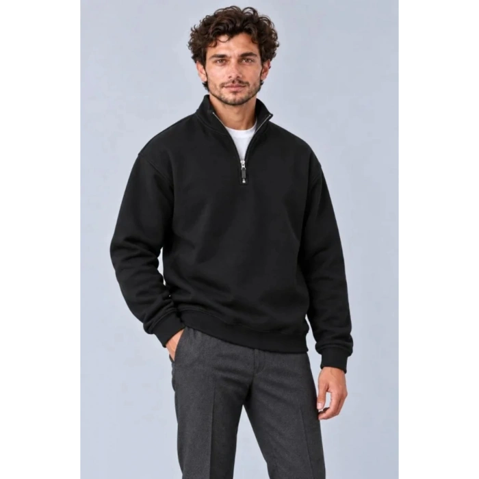 Erkek Üç İplik İçi Şardonlu Dik Yaka Yarım Fermuarlı Kışlık Sweatshirt - Siyah