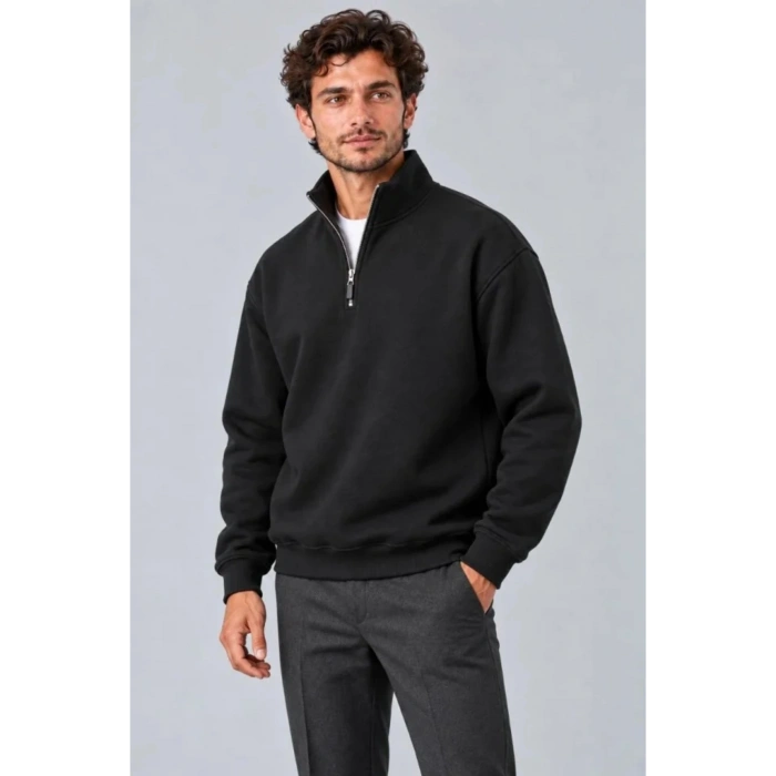 Erkek Üç İplik İçi Şardonlu Dik Yaka Yarım Fermuarlı Kışlık Sweatshirt - Siyah
