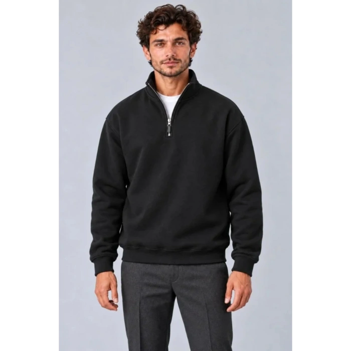 Erkek Üç İplik İçi Şardonlu Dik Yaka Yarım Fermuarlı Kışlık Sweatshirt - Siyah