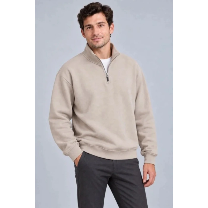 Erkek Üç İplik İçi Şardonlu Dik Yaka Yarım Fermuarlı Kışlık Sweatshirt - Bej