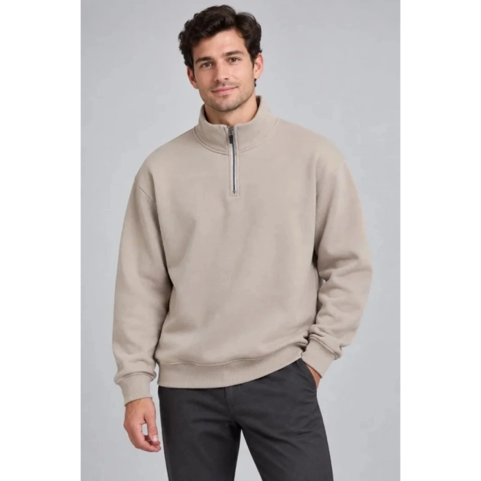 Erkek Üç İplik İçi Şardonlu Dik Yaka Yarım Fermuarlı Kışlık Sweatshirt - Bej