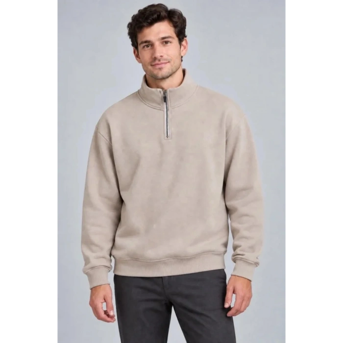 Erkek Üç İplik İçi Şardonlu Dik Yaka Yarım Fermuarlı Kışlık Sweatshirt - Bej