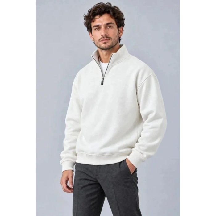 Erkek Üç İplik İçi Şardonlu Dik Yaka Yarım Fermuarlı Kışlık Sweatshirt - Beyaz