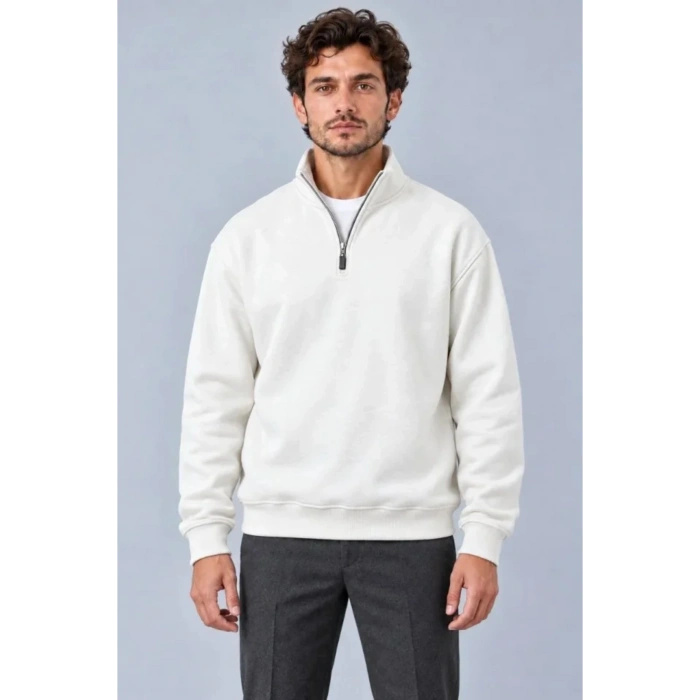 Erkek Üç İplik İçi Şardonlu Dik Yaka Yarım Fermuarlı Kışlık Sweatshirt - Beyaz