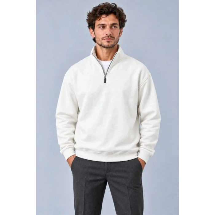 Erkek Üç İplik İçi Şardonlu Dik Yaka Yarım Fermuarlı Kışlık Sweatshirt - Beyaz