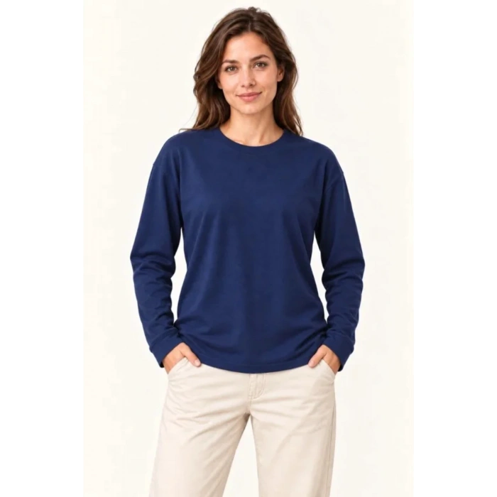Modal Yumuşak Dokulu Bisiklet Yaka Uzun Kollu Tişört Sweatshirt - Lacivert