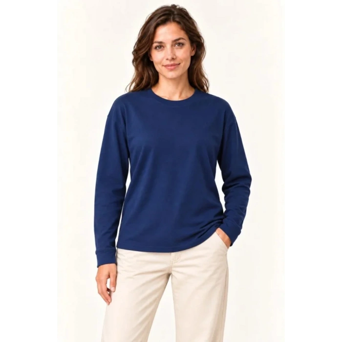 Modal Yumuşak Dokulu Bisiklet Yaka Uzun Kollu Tişört Sweatshirt - Lacivert