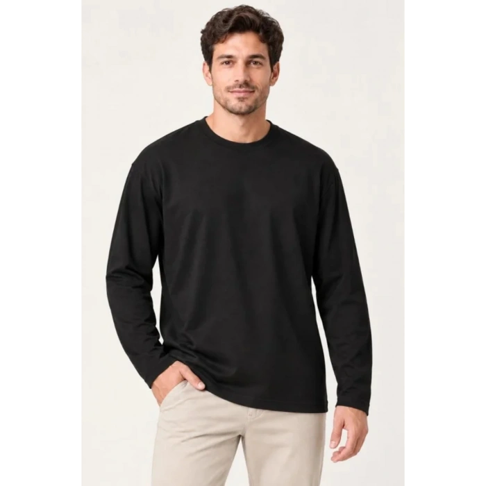 Erkek Modal Yumuşak Dokulu Bisiklet Yaka Uzun Kollu Tişört Sweatshirt - Siyah