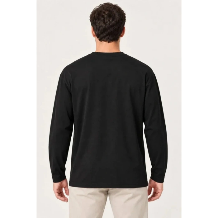 Erkek Modal Yumuşak Dokulu Bisiklet Yaka Uzun Kollu Tişört Sweatshirt - Siyah