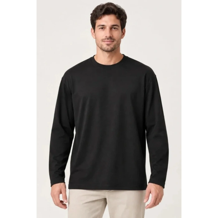 Erkek Modal Yumuşak Dokulu Bisiklet Yaka Uzun Kollu Tişört Sweatshirt - Siyah