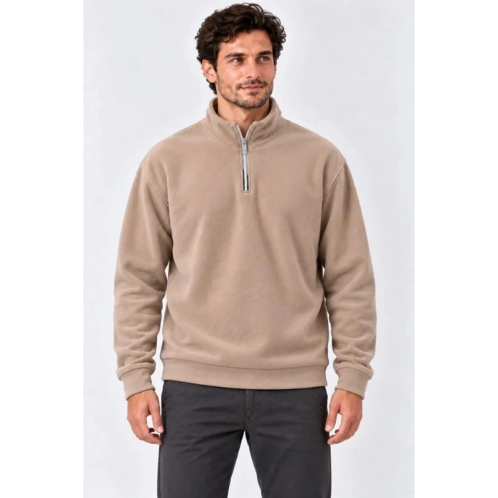 Erkek Polar Dik Yaka Yarım Fermuarlı Uzun Kollu Regular Fit Kışlık Sweatshirt - Bej