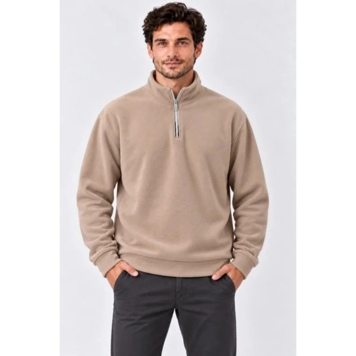 Erkek Polar Dik Yaka Yarım Fermuarlı Uzun Kollu Regular Fit Kışlık Sweatshirt - Bej