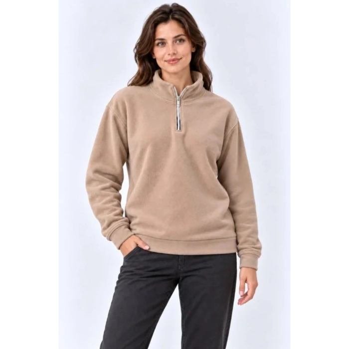 Polar Dik Yaka Yarım Fermuarlı Uzun Kollu Regular Fit Kışlık Sweatshirt - Bej