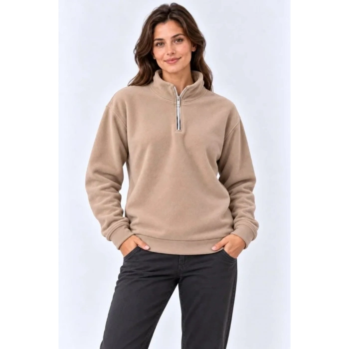 Polar Dik Yaka Yarım Fermuarlı Uzun Kollu Regular Fit Kışlık Sweatshirt - Bej