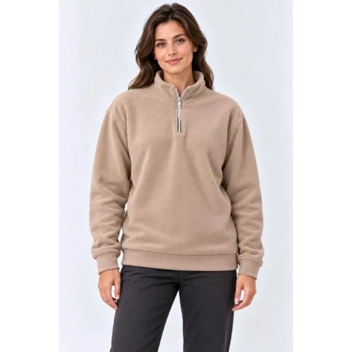 Polar Dik Yaka Yarım Fermuarlı Uzun Kollu Regular Fit Kışlık Sweatshirt - Bej