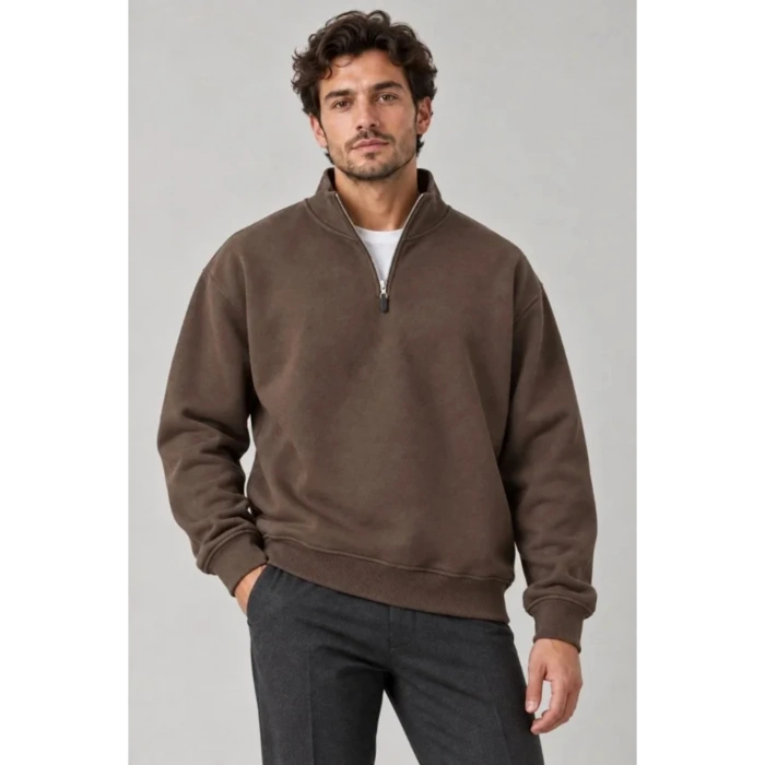 Erkek Üç İplik İçi Şardonlu Dik Yaka Yarım Fermuarlı Kışlık Sweatshirt - Kahverengi