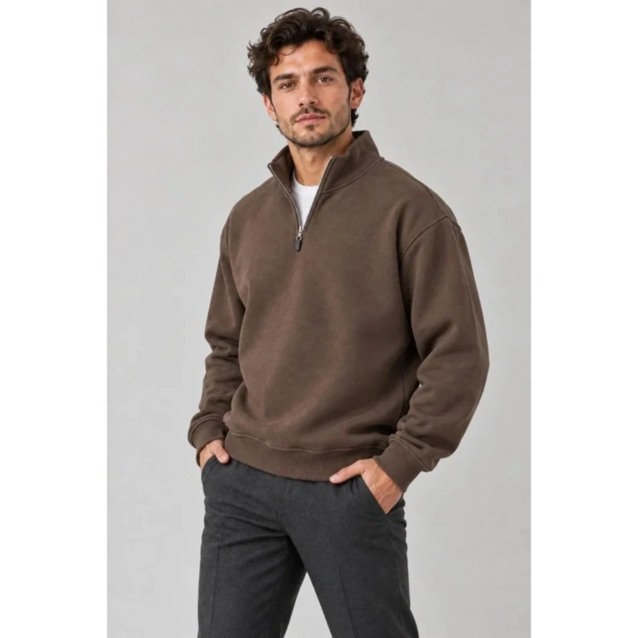 Erkek Üç İplik İçi Şardonlu Dik Yaka Yarım Fermuarlı Kışlık Sweatshirt - Kahverengi