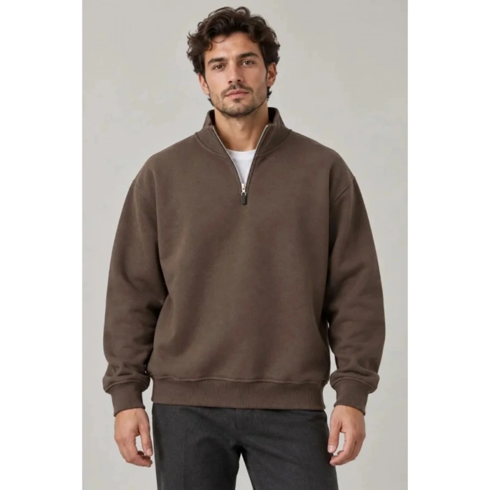 Erkek Üç İplik İçi Şardonlu Dik Yaka Yarım Fermuarlı Kışlık Sweatshirt - Kahverengi