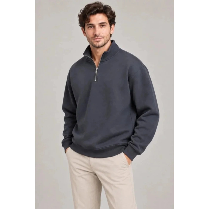 Erkek Üç İplik İçi Şardonlu Dik Yaka Yarım Fermuarlı Kışlık Sweatshirt - Füme