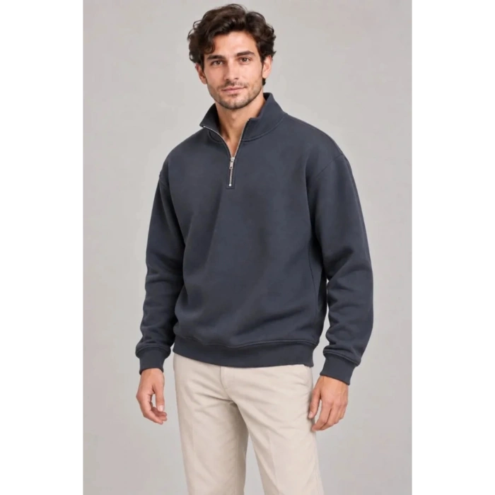 Erkek Üç İplik İçi Şardonlu Dik Yaka Yarım Fermuarlı Kışlık Sweatshirt - Füme