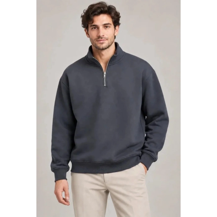 Erkek Üç İplik İçi Şardonlu Dik Yaka Yarım Fermuarlı Kışlık Sweatshirt - Füme