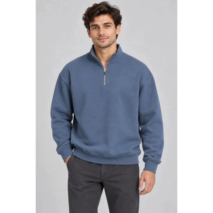 Erkek Üç İplik İçi Şardonlu Dik Yaka Yarım Fermuarlı Kışlık Sweatshirt - Mavi