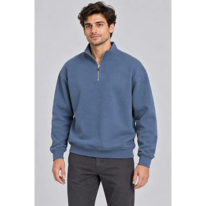 Erkek Üç İplik İçi Şardonlu Dik Yaka Yarım Fermuarlı Kışlık Sweatshirt - Mavi