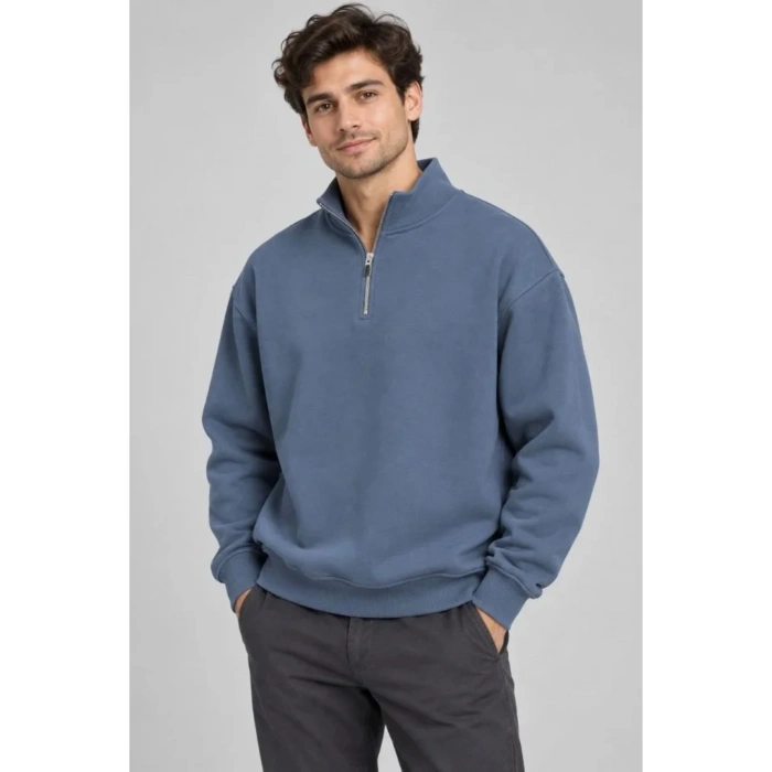 Erkek Üç İplik İçi Şardonlu Dik Yaka Yarım Fermuarlı Kışlık Sweatshirt - Mavi