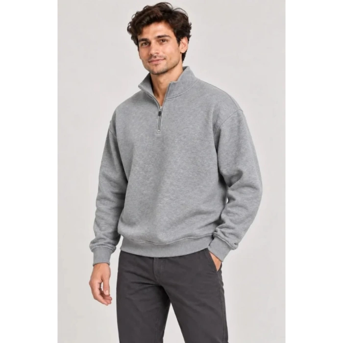 Erkek Üç İplik İçi Şardonlu Dik Yaka Yarım Fermuarlı Kışlık Sweatshirt - Grİ