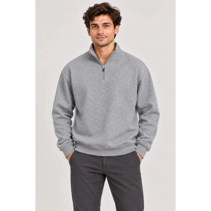 Erkek Üç İplik İçi Şardonlu Dik Yaka Yarım Fermuarlı Kışlık Sweatshirt - Grİ