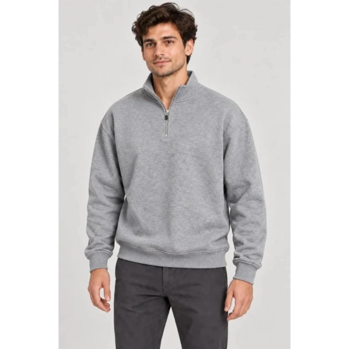 Erkek Üç İplik İçi Şardonlu Dik Yaka Yarım Fermuarlı Kışlık Sweatshirt - Grİ