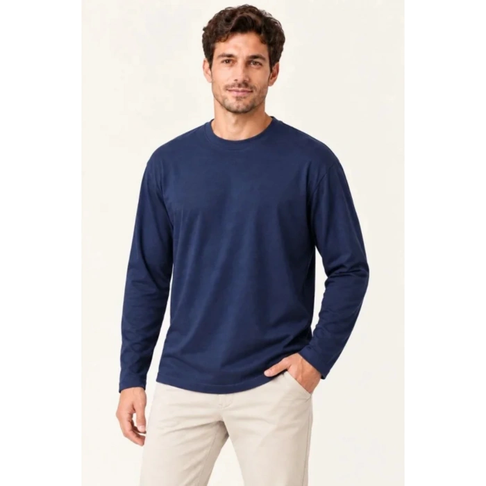 Erkek Modal Yumuşak Dokulu Bisiklet Yaka Uzun Kollu Tişört Sweatshirt - Lacivert