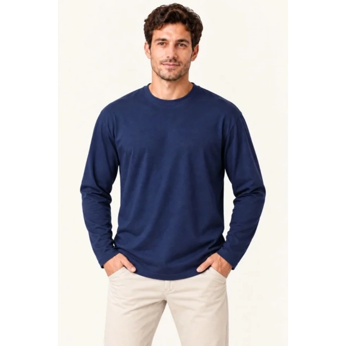 Erkek Modal Yumuşak Dokulu Bisiklet Yaka Uzun Kollu Tişört Sweatshirt - Lacivert