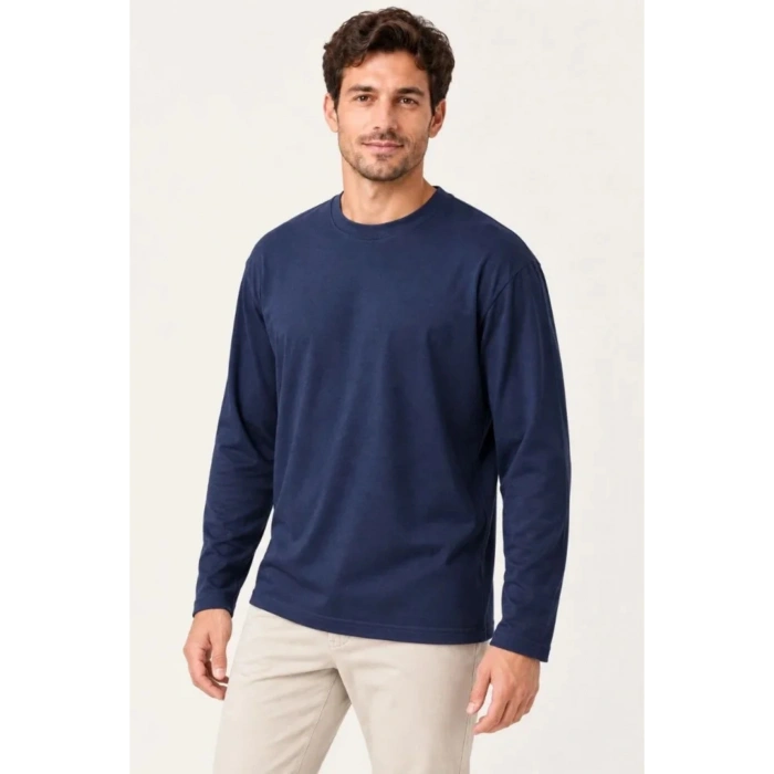Erkek Modal Yumuşak Dokulu Bisiklet Yaka Uzun Kollu Tişört Sweatshirt - Lacivert