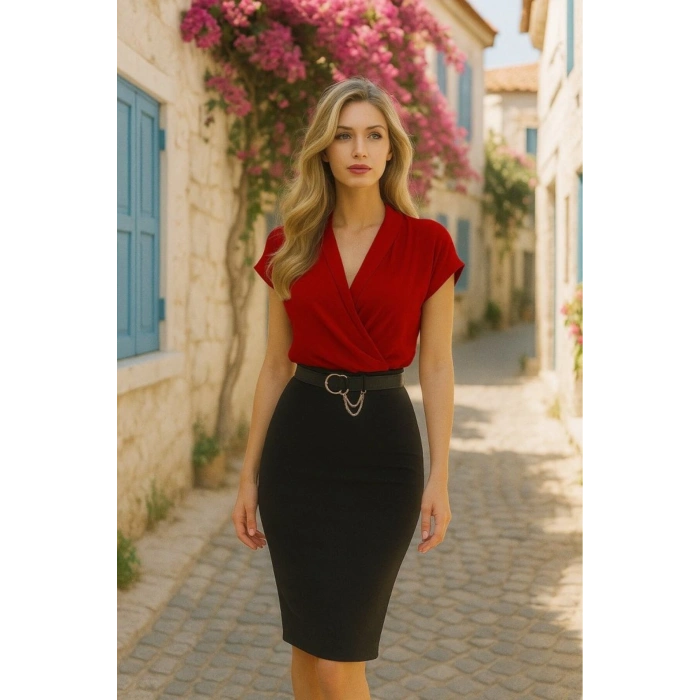 Kadın Kısa Kollu Kruvaze Yaka Krep Elbise (Kemersiz)