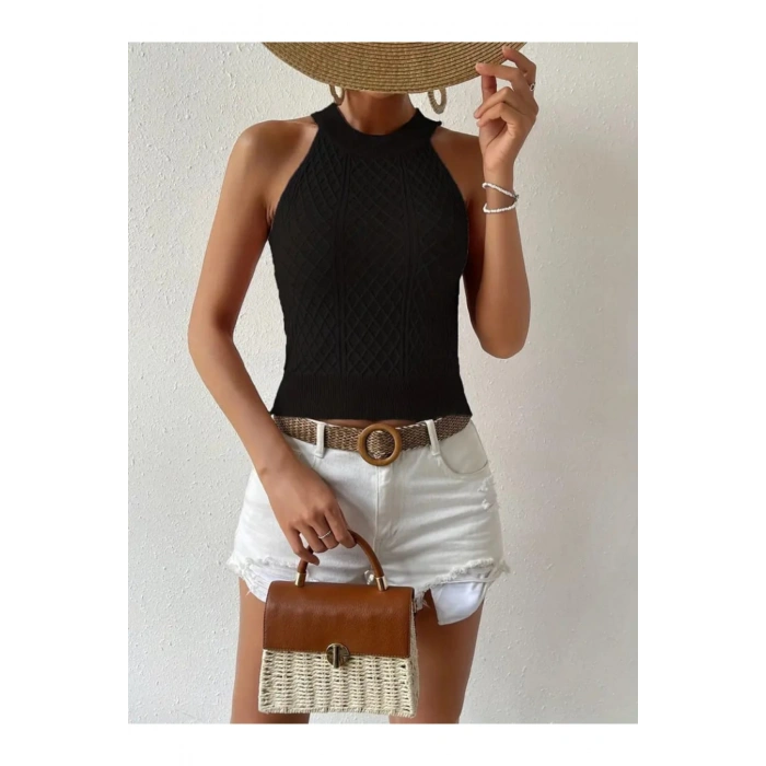 Kadın Kolsuz Halter Yaka Mini Baklava Desenli Triko Bluz